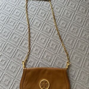 Tory Burch Brown Leather Crossbody Bag with Gold Chain